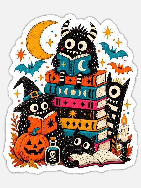 Halloween Büchermonster | Lesen & Gruselspaß - Sticker Größe S (10 x 10 cm) - Mattweiß