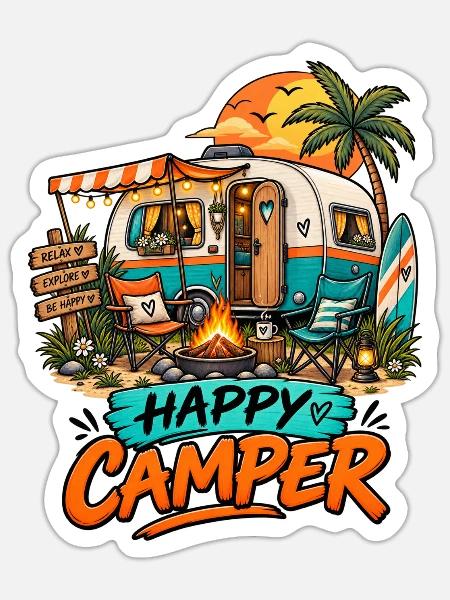 Camping Happy Camper Wohnwagen Reisemobil Urlaub - Sticker Größe S (10 x 10 cm) - Mattweiß