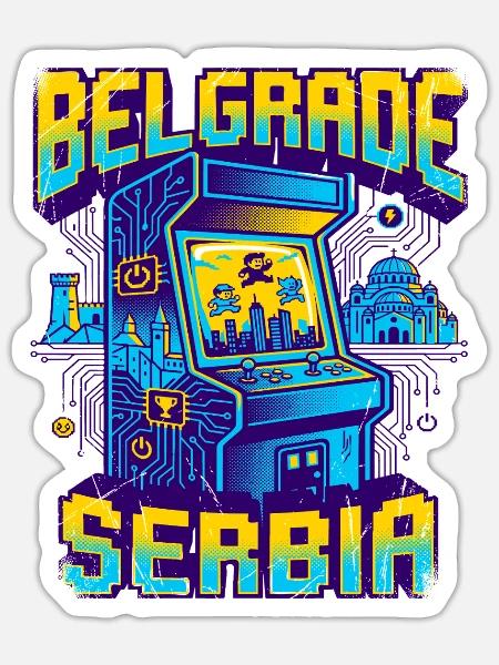 Retro Arcade Gamer Belgrade Serbia Skyline - Sticker Größe S (10 x 10 cm) - Mattweiß