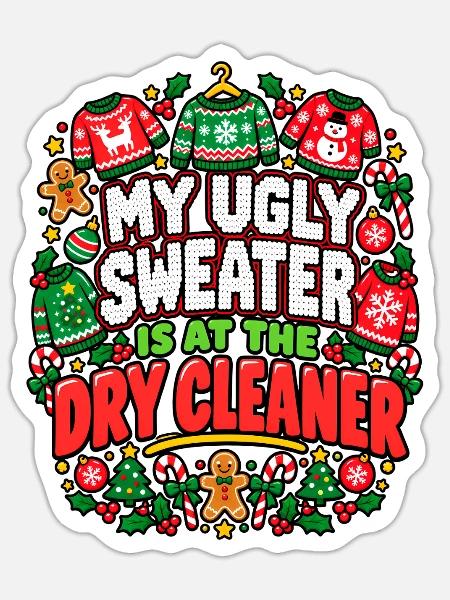 Hässlicher Pullover beim Trockenreiniger - Sticker Größe S (10 x 10 cm) - Mattweiß