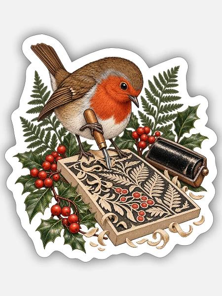 Rotkehlchen beim botanischen Linolschnitt - Sticker Größe S (10 x 10 cm) - Mattweiß