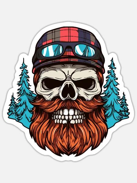 Skull Rider: Waldbart-Motorrad-Design - Sticker Größe S (10 x 10 cm) - Mattweiß