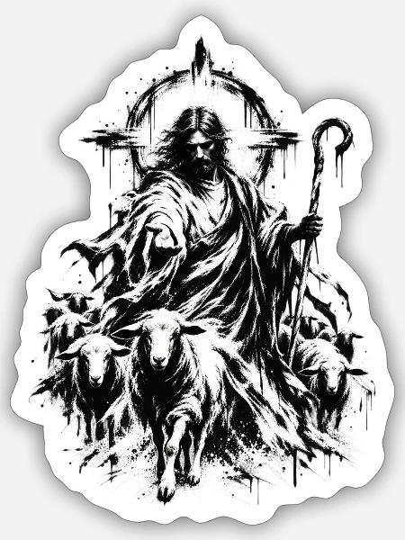 Jesus als Hirte mit Schafherde - Sticker Größe S (10 x 10 cm) - Mattweiß