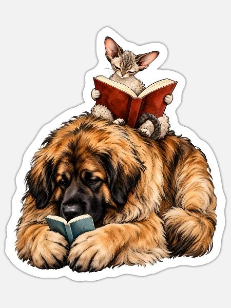 Leonberger & Devon Rex beim Lesen – Bücherfans - Sticker Größe S (10 x 10 cm) - Mattweiß