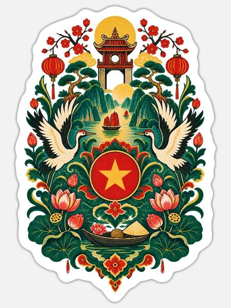 Vietnam | Lotus, Kraniche & Laternen - Sticker Größe S (10 x 10 cm) - Mattweiß
