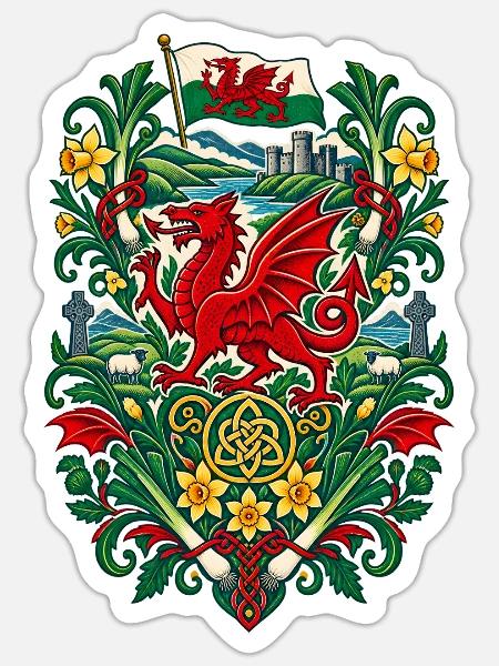 Wales | Drache, Lauch & Narzissen - Sticker Größe S (10 x 10 cm) - Mattweiß