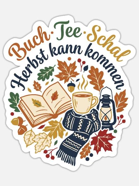 Herbstzeit - Tee Buch Schal - Sticker Größe S (10 x 10 cm) - Mattweiß