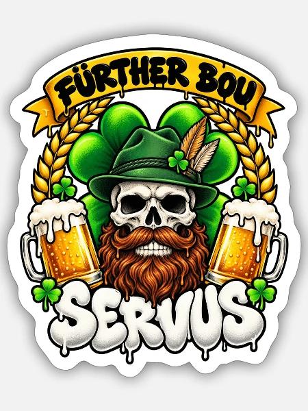 Fürther Bou Servus Totenkopf & Bier - Sticker Größe S (10 x 10 cm) - Mattweiß