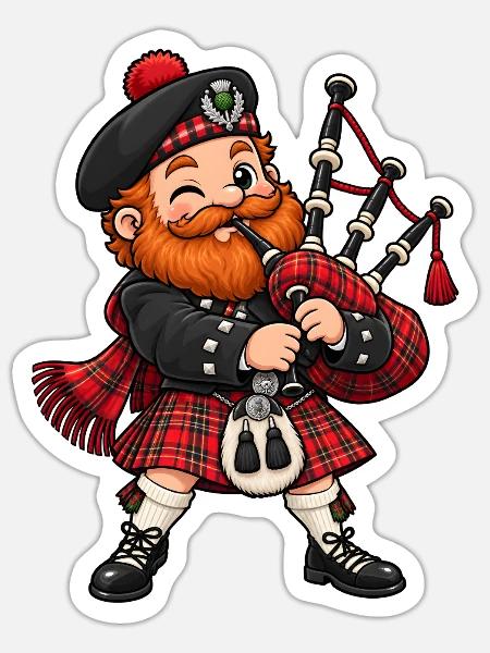Schotte mit Dudelsack Kawaii Style – Kilt - Sticker Größe S (10 x 10 cm) - Mattweiß