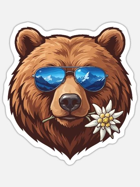 Bär mit Sonnenbrille mit Bergreflexion - Sticker Größe S (10 x 10 cm) - Mattweiß