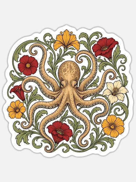 Blumen Oktopus - Sticker Größe S (10 x 10 cm) - Mattweiß