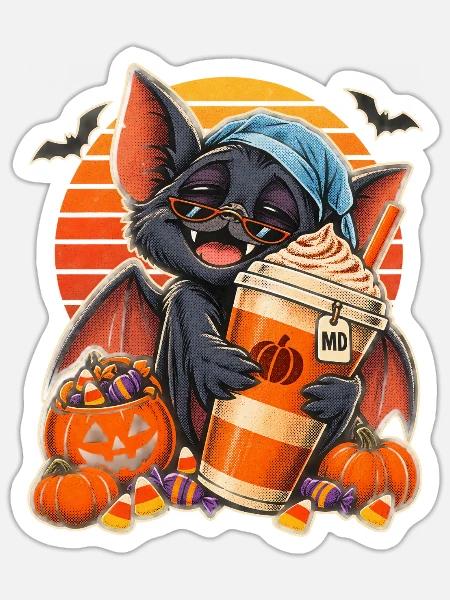 Halloween Fledermaus mit Kürbis-Kaffee - Sticker Größe S (10 x 10 cm) - Mattweiß