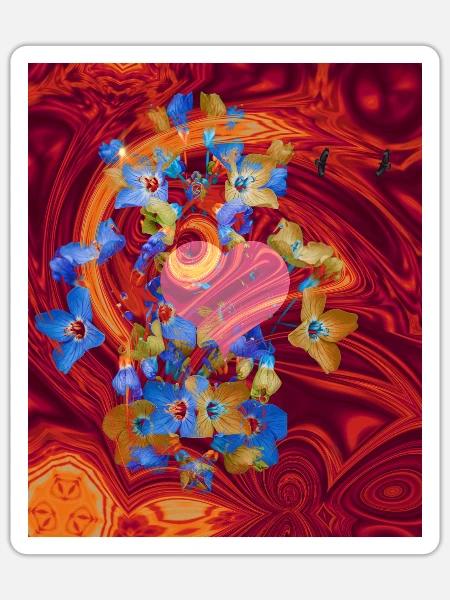 Herz und Blüten mit feurig rotem Hintergrund - Sticker Größe S (10 x 10 cm) - Mattweiß