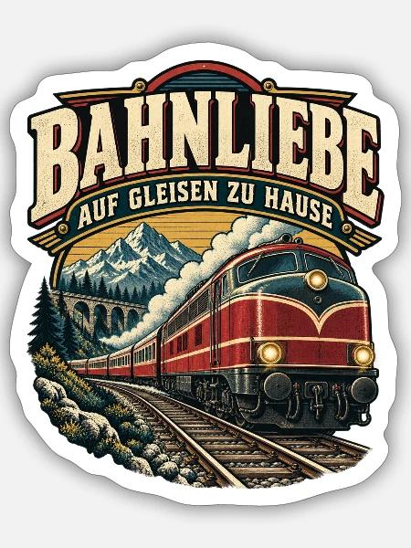 Bahnliebe – Auf Gleisen zu Hause Retro Zug - Sticker Größe S (10 x 10 cm) - Mattweiß