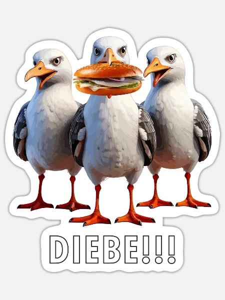 Möven Fischbrötchen Diebe - Sticker Größe S (10 x 10 cm) - Mattweiß