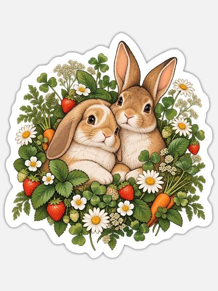 Frühlingskaninchen im Blütenkranz - Sticker Größe S (10 x 10 cm) - Mattweiß