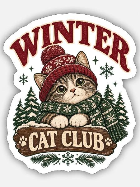 Winter Cat Club Gemütliche Katze - Sticker Größe S (10 x 10 cm) - Mattweiß