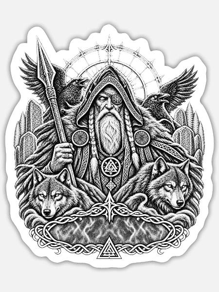  Odin mit Wölfen - Sticker Größe S (10 x 10 cm) - Mattweiß