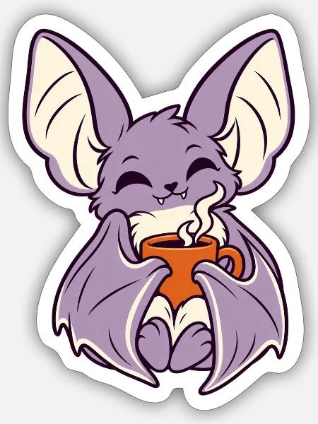 Kaffee-Fledermaus mit Becher - Sticker Größe S (10 x 10 cm) - Mattweiß
