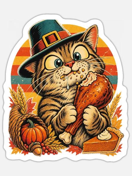 Thanksgiving-Katze mit erwischtem Truthahn - Sticker Größe S (10 x 10 cm) - Mattweiß