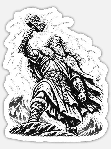 Thor – Donnergott im mystischen Sturm - Sticker Größe S (10 x 10 cm) - Mattweiß