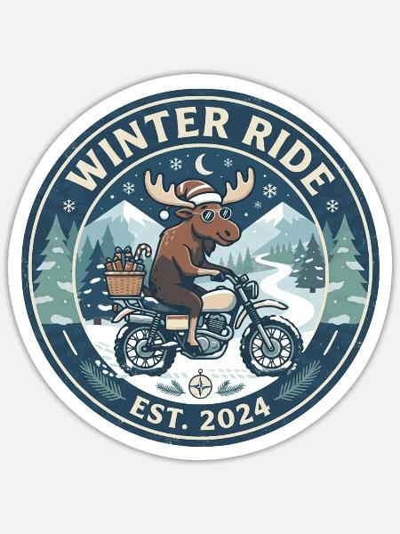Winterfahrt: Elch auf Motorrad - Sticker Größe S (10 x 10 cm) - Mattweiß