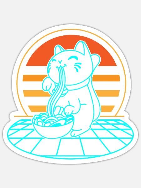 Katze Ramen Retro - Sticker Größe S (10 x 10 cm) - Mattweiß