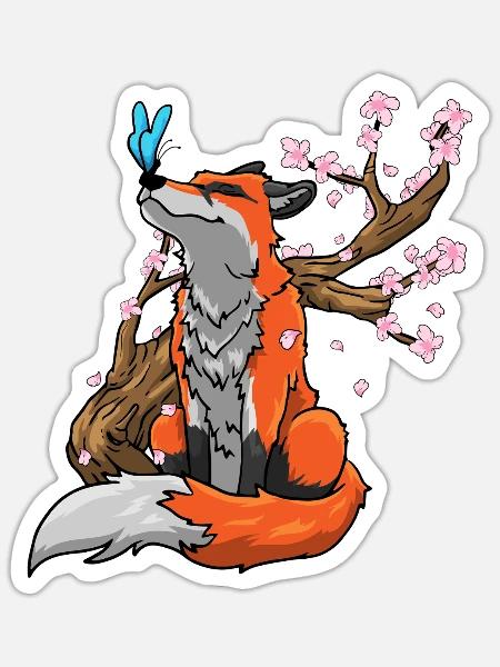 Fuchs Kirschblüten - Sticker Größe S (10 x 10 cm) - Mattweiß