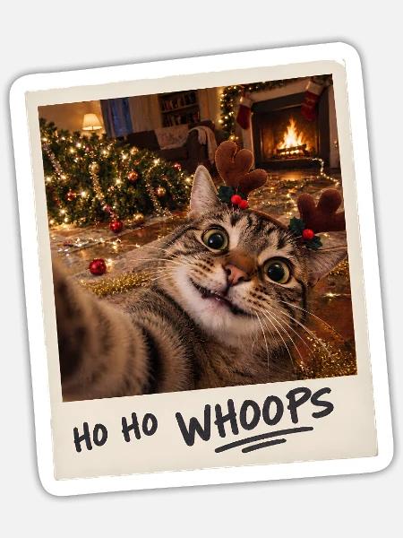 Ho Ho Whoops Katze Selfie Weihnachten - Sticker Größe S (10 x 10 cm) - Mattweiß