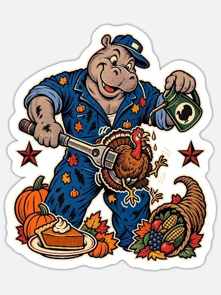 Thanksgiving Nilpferd-Mechaniker mit - Sticker Größe S (10 x 10 cm) - Mattweiß