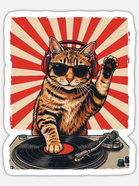 Retro DJ Katze Rot Getigert Plattenspieler - Sticker Größe S (10 x 10 cm) - Mattweiß