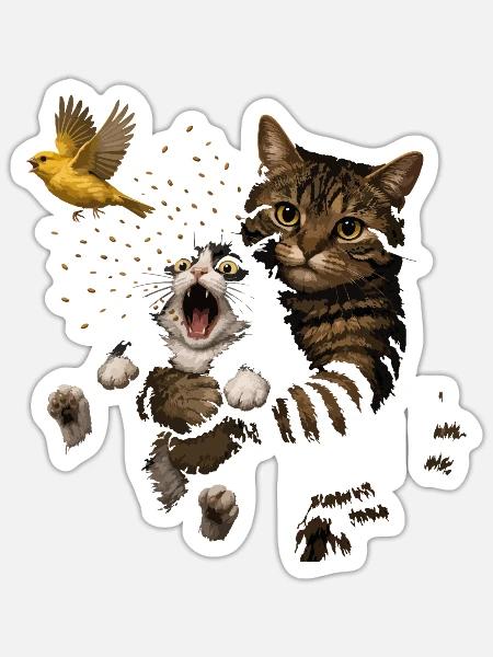 Katzen und Vogel im zerrissenen Papier - Sticker Größe S (10 x 10 cm) - Mattweiß