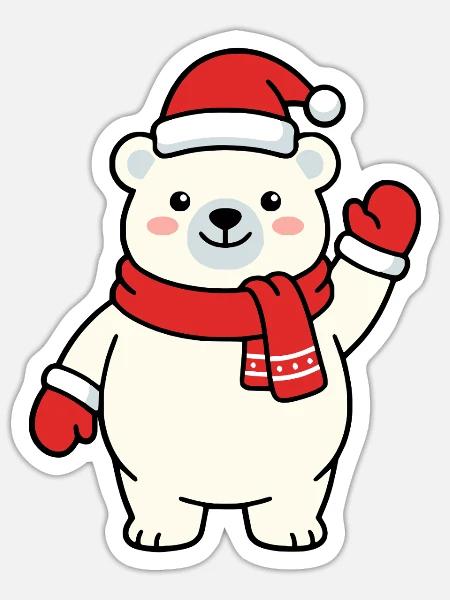 Niedlicher Kawaii-Eisbär winkt mit Weihnachtsmütze - Sticker Größe S (10 x 10 cm) - Mattweiß