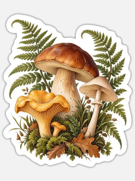 Waldpilze und Farn - Sticker Größe S (10 x 10 cm) - Mattweiß