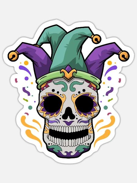 Mardi Gras Totenkopf - Sticker Größe S (10 x 10 cm) - Mattweiß
