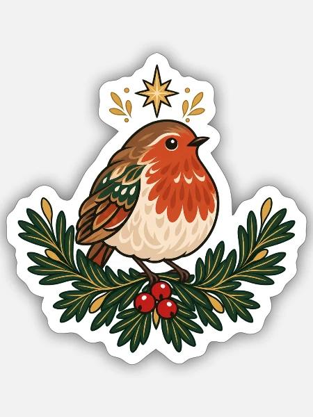 Waldrotkehlchen im Festkranz - Sticker Größe S (10 x 10 cm) - Mattweiß