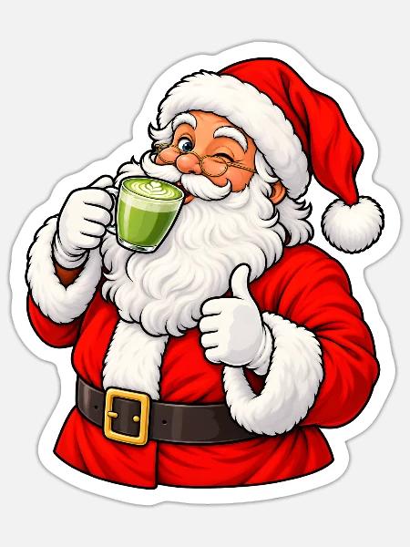 Weihnachtsmann mit Matcha Latte - Sticker Größe S (10 x 10 cm) - Mattweiß