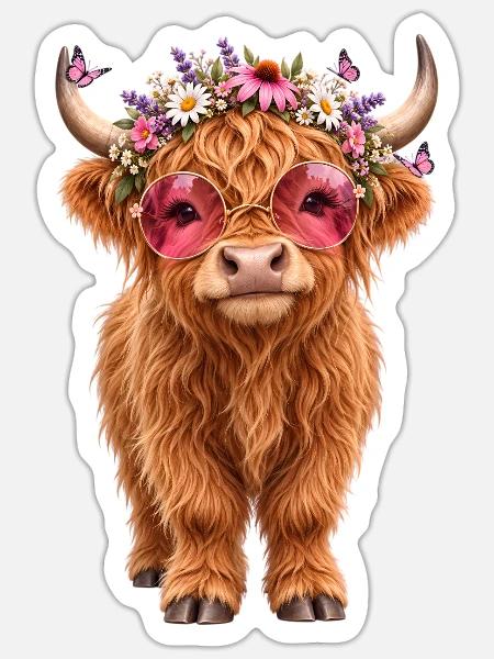 Highland Cow, Schottisches Rind, Hochland Rind - Sticker Größe S (10 x 10 cm) - Mattweiß