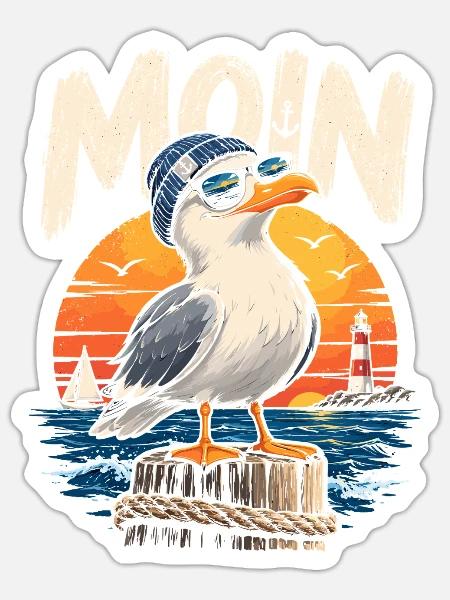 Möwe im Sonnenuntergang am Kai - Sticker Größe S (10 x 10 cm) - Mattweiß