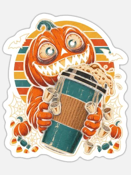 Halloween-Kürbis Kaffeejunkie im Retro-Stil - Sticker Größe S (10 x 10 cm) - Mattweiß