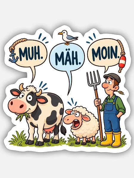 Muh Mäh Moin – Norddeutscher Bauernhof mit Humor!! - Sticker Größe S (10 x 10 cm) - Mattweiß