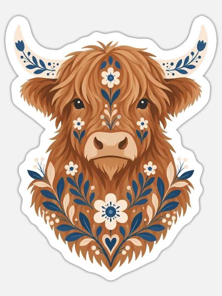 Highland Cow, Schottisches Rind, Hochland Rind - Sticker Größe S (10 x 10 cm) - Mattweiß