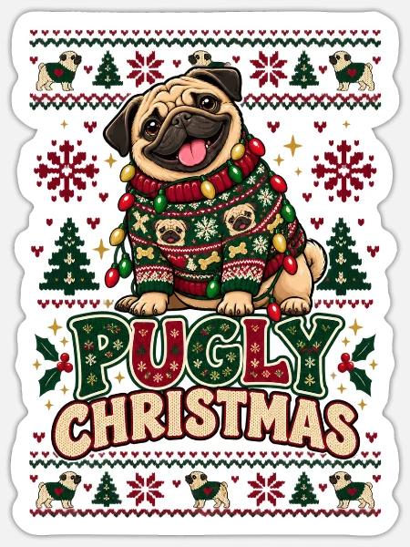 Pugly Christmas Cute Pug Design - Sticker Größe S (10 x 10 cm) - Mattweiß