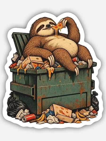 Mülltonnen-Sloth Pizza-Pause - Sticker Größe S (10 x 10 cm) - Mattweiß