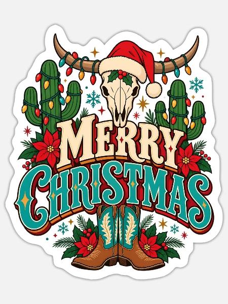 Weihnachts-Skull mit Cowboy-Glanz - Sticker Größe S (10 x 10 cm) - Mattweiß