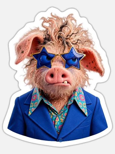 Retro-Schwein mit Sternbrille – Coole 70er-Jahre - Sticker Größe S (10 x 10 cm) - Mattweiß