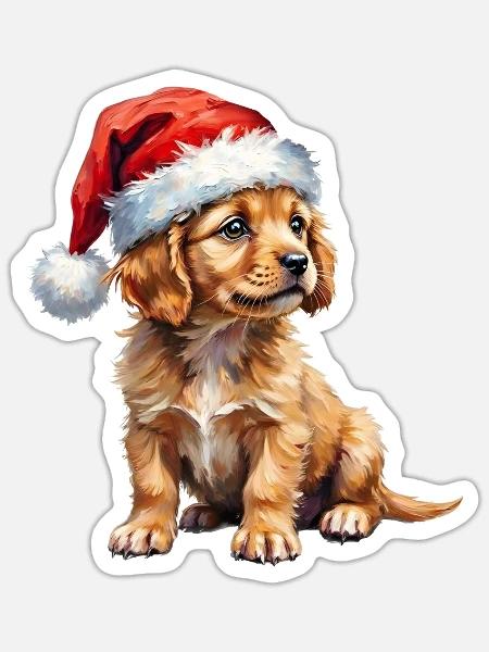 Süßer Welpe mit Weihnachtsmütze - Sticker Größe S (10 x 10 cm) - Mattweiß