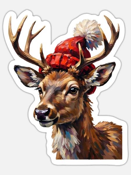 Hirsch mit roter Mütze – farbiger Winterlook - Sticker Größe S (10 x 10 cm) - Mattweiß