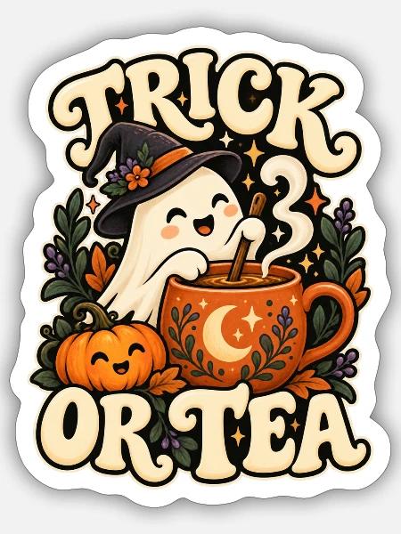 Trick oder Tee - Sticker Größe S (10 x 10 cm) - Mattweiß