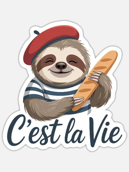  Cest La Vie Faultier Frankreich Baguette Beret - Sticker Größe S (10 x 10 cm) - Mattweiß